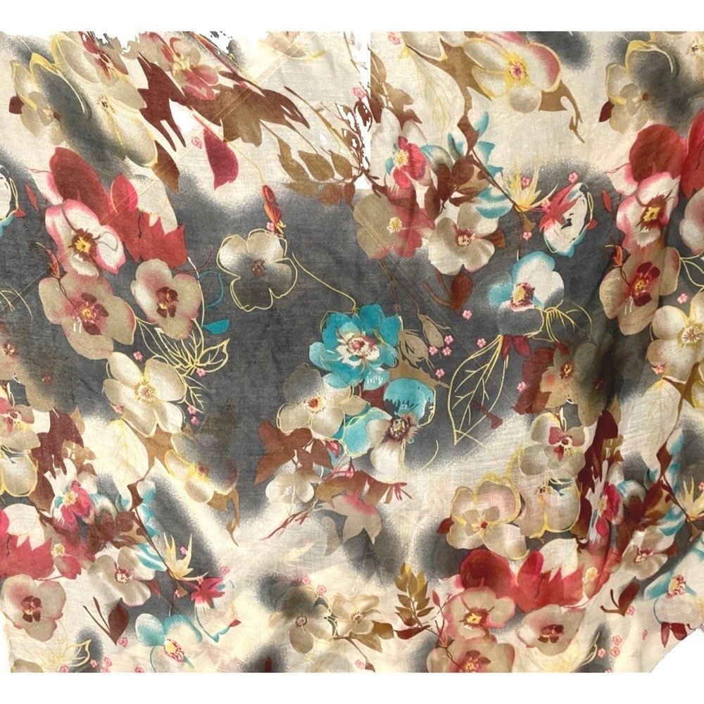 scarf 34" X 70" Asian floral gold turquoise greens reds blues soft vintage 90's